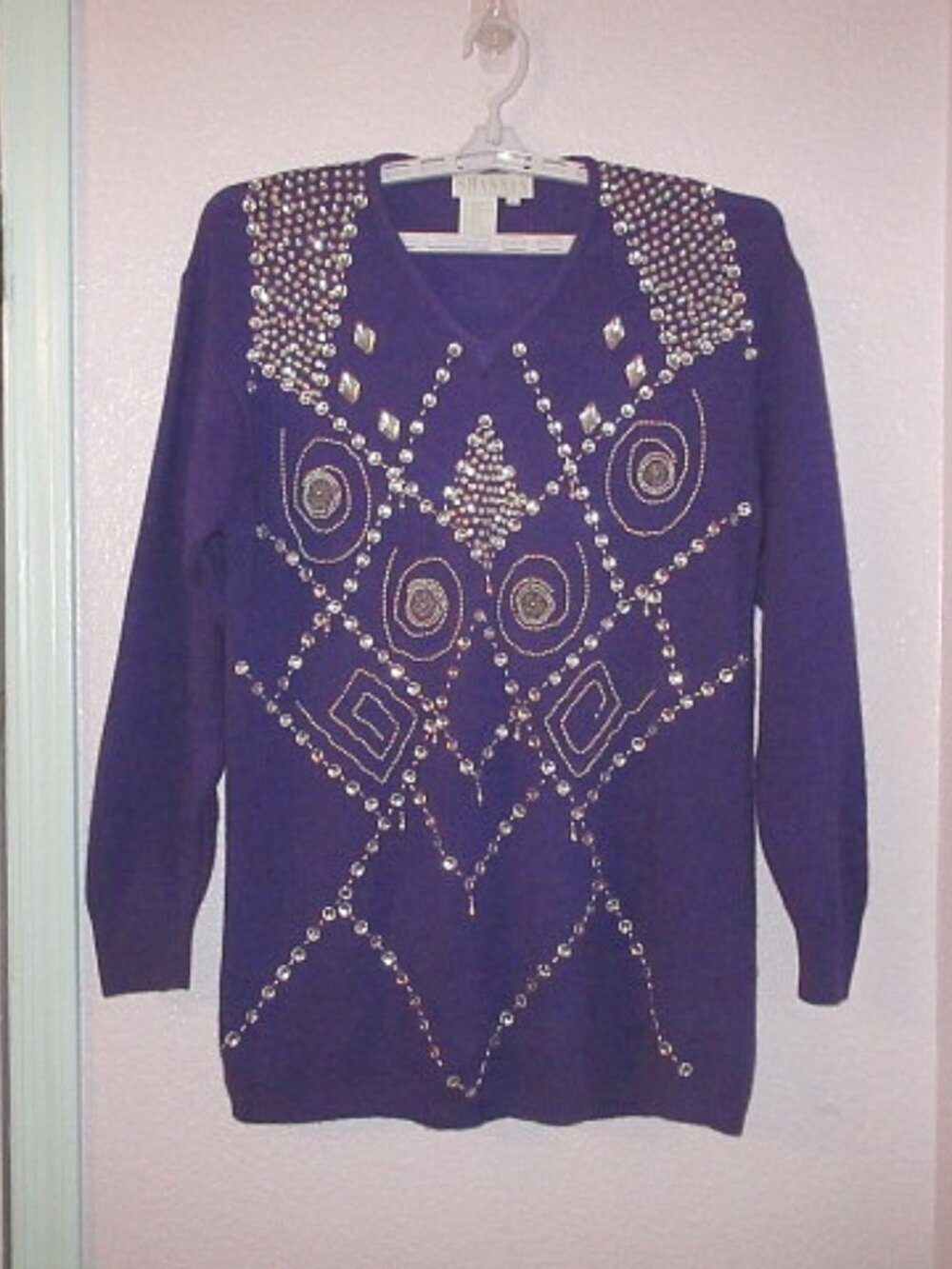 Vtg 80s Shannan Embellished Sweater Womens M Angora Wool McBling Tunic Old Money